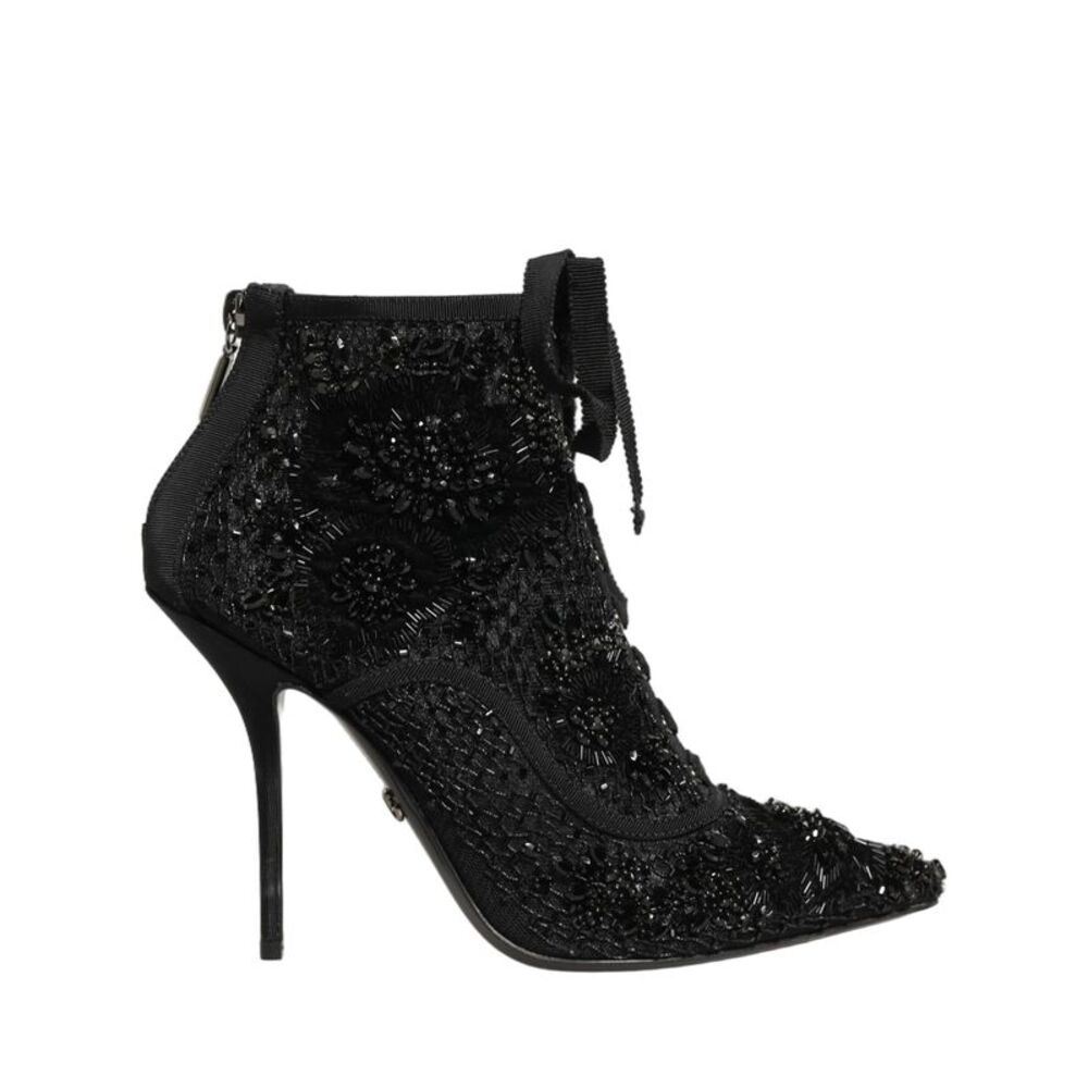 Dolce & Gabbana Black Embellished Mesh Ankle Boots Women's Shoes